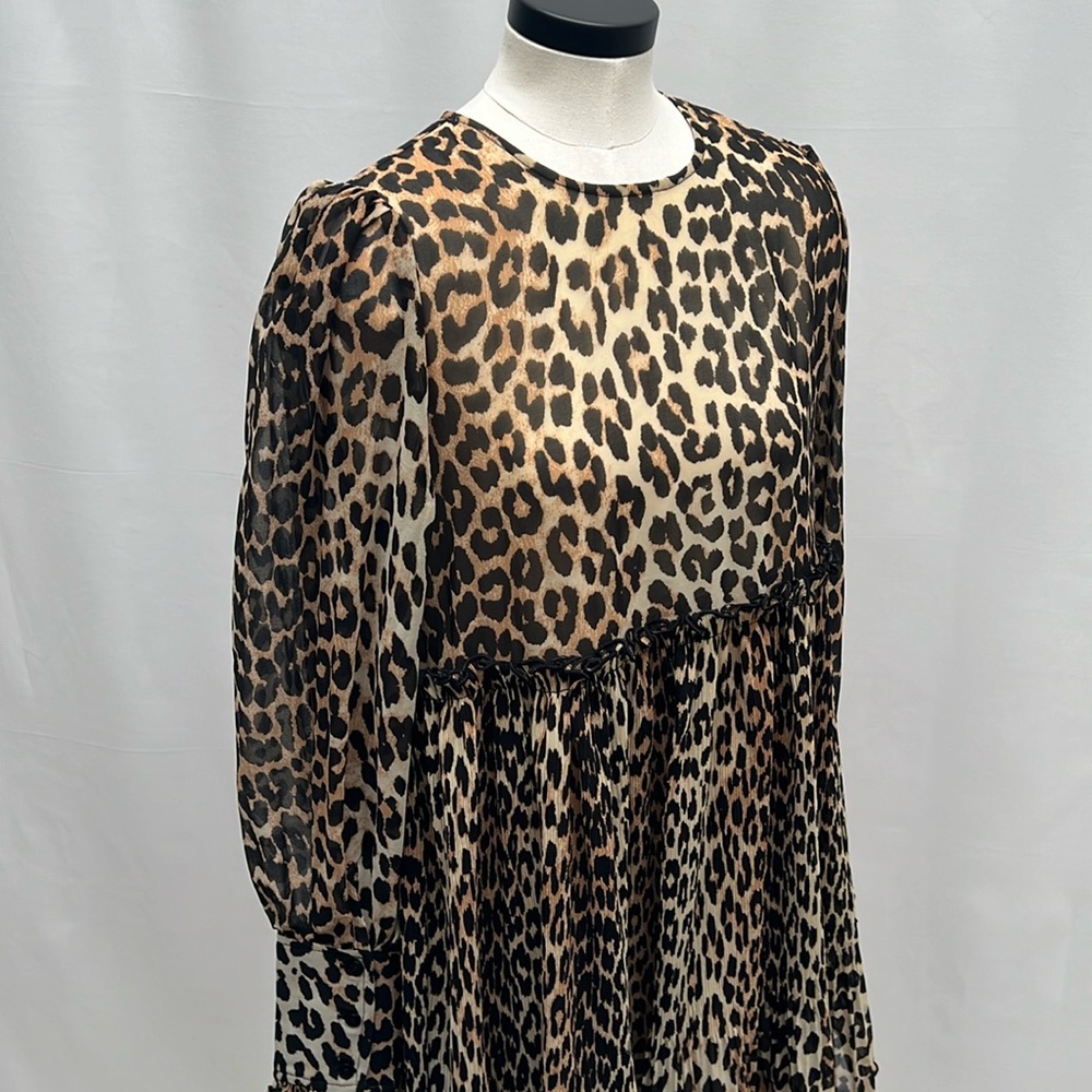 GANNI Leopard Print Sheer Sleeves Pleat Mini Dress